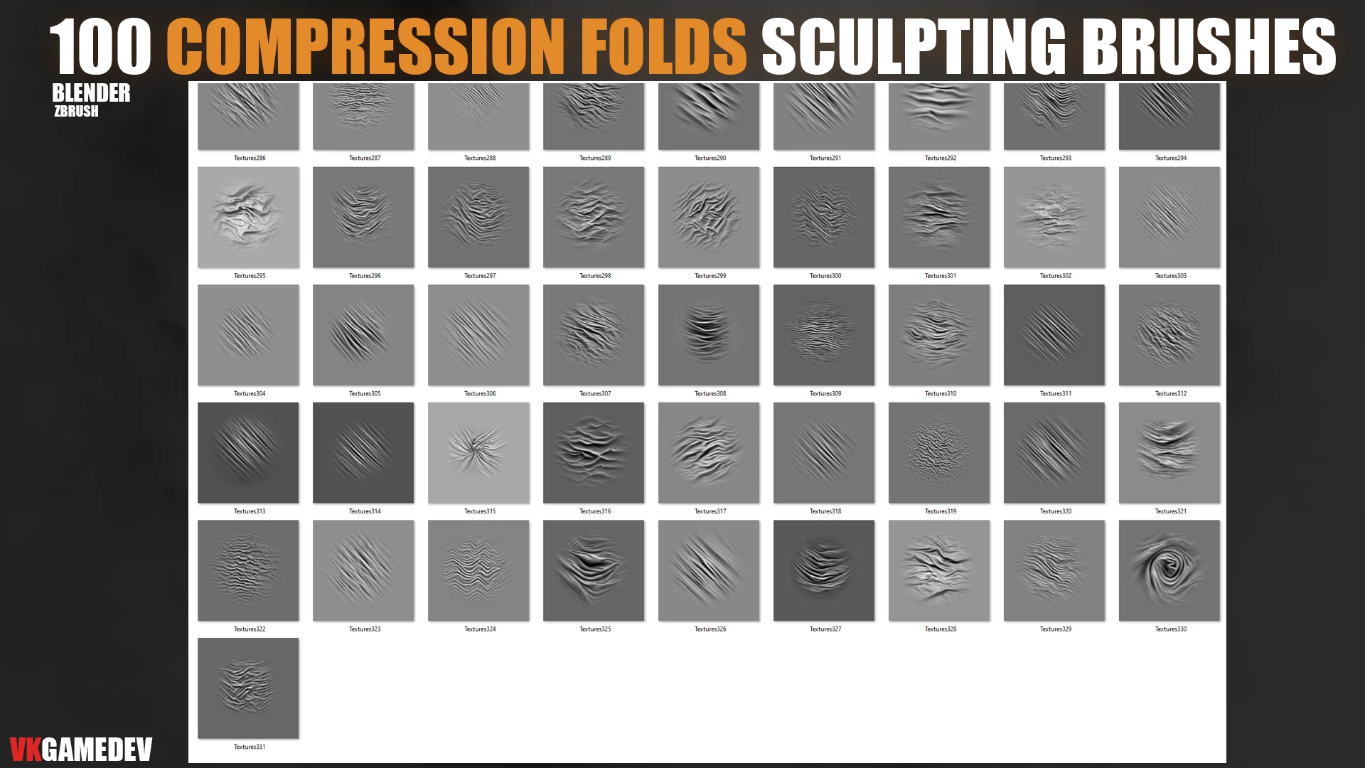 100+ Compression Fabric Folds Brushes for ZBrush & Blender + Alphas preview 8
