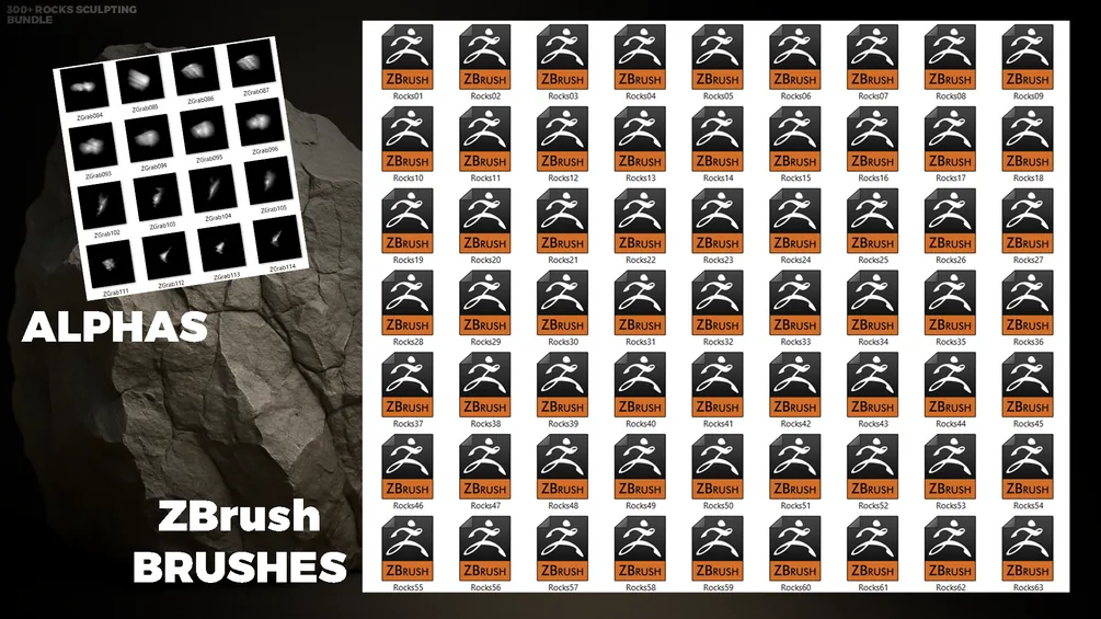 300+ Rock Alpha Brushes - Ultimate ZBrush & Blender Sculpting Bundle preview 3
