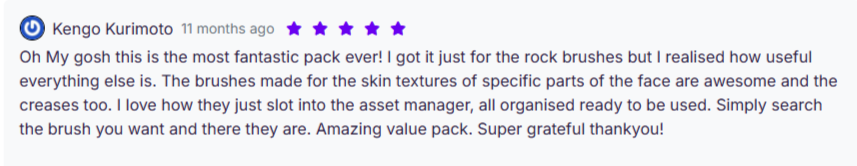 Customer review praising the Blender sculpting brush bundle