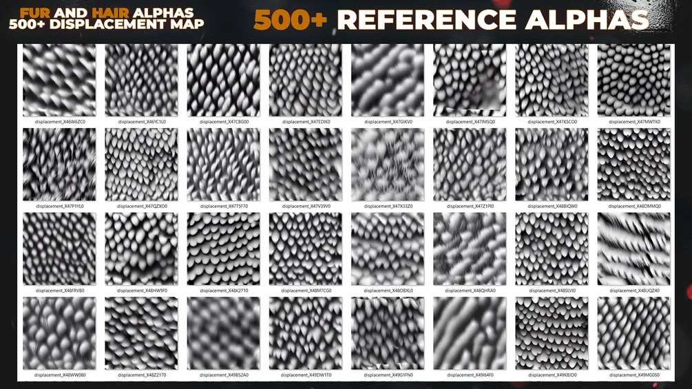500+ Fur and Hair Alphas (Displacement Maps) for ZBrush, Blender, Substance Painter vol.13 preview 7
