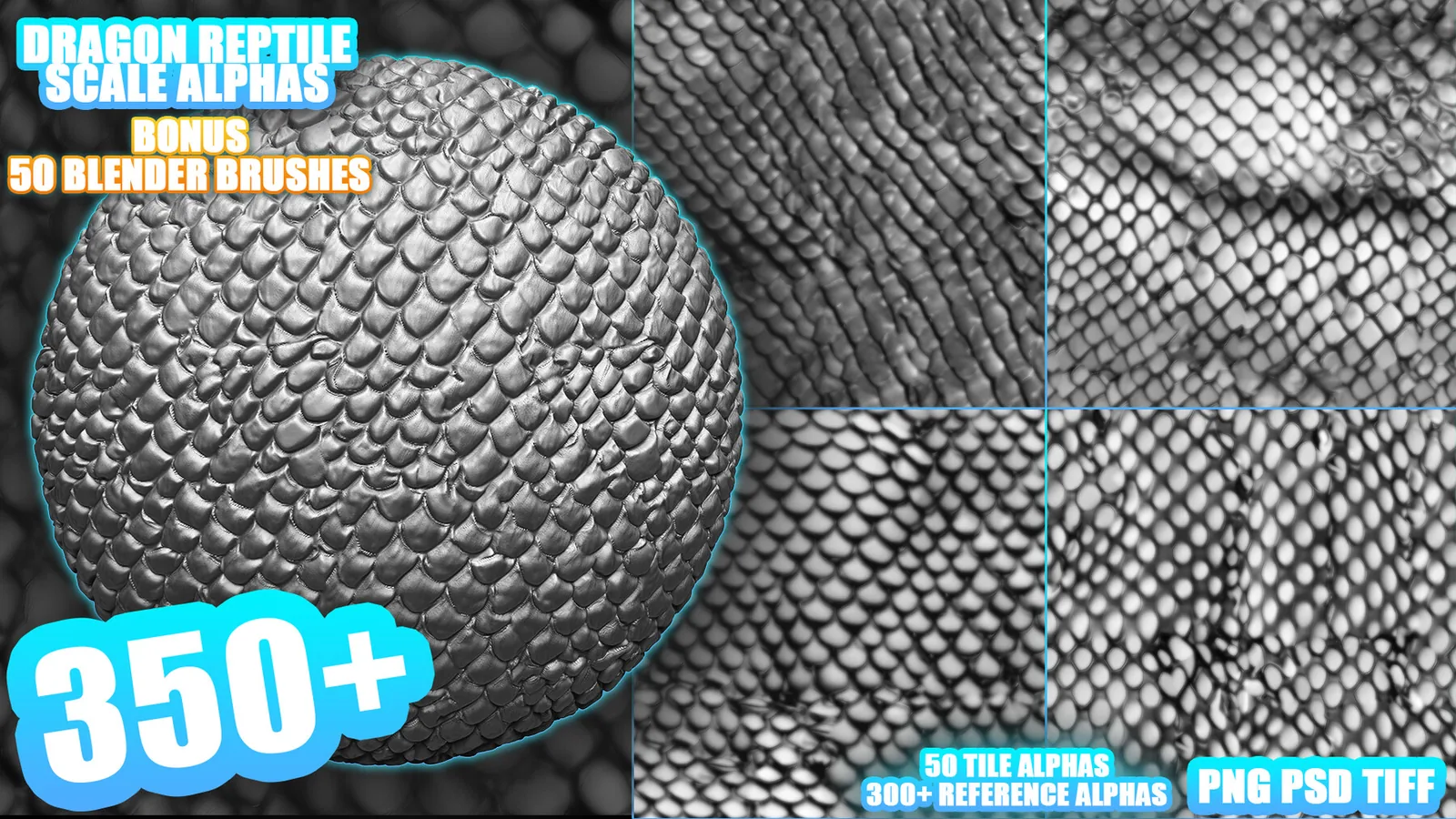 Dragon (Reptile) Scales Alphas for ZBrush, Blender ( tile alphas) vol. + Bonus - Blender Brushes