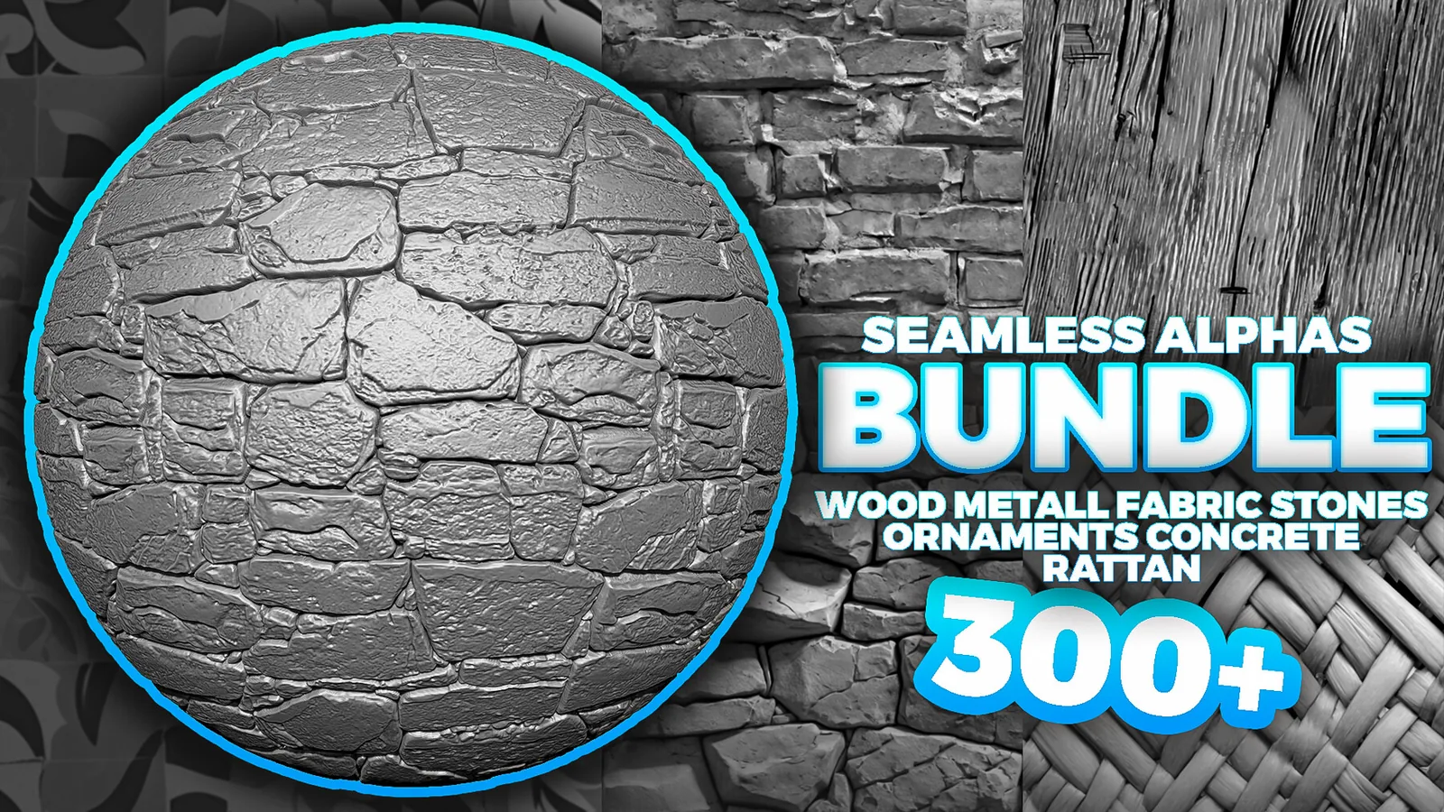 Seamless Alphas Bundle (Wood, Stones, Metal, Fabric, Ornaments and more). K Displacement Maps