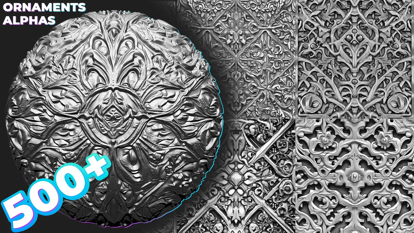 500+ Ornaments Tileable Alphas (Displacement Maps) for ZBrush, Blender, Substance Painter vol.6