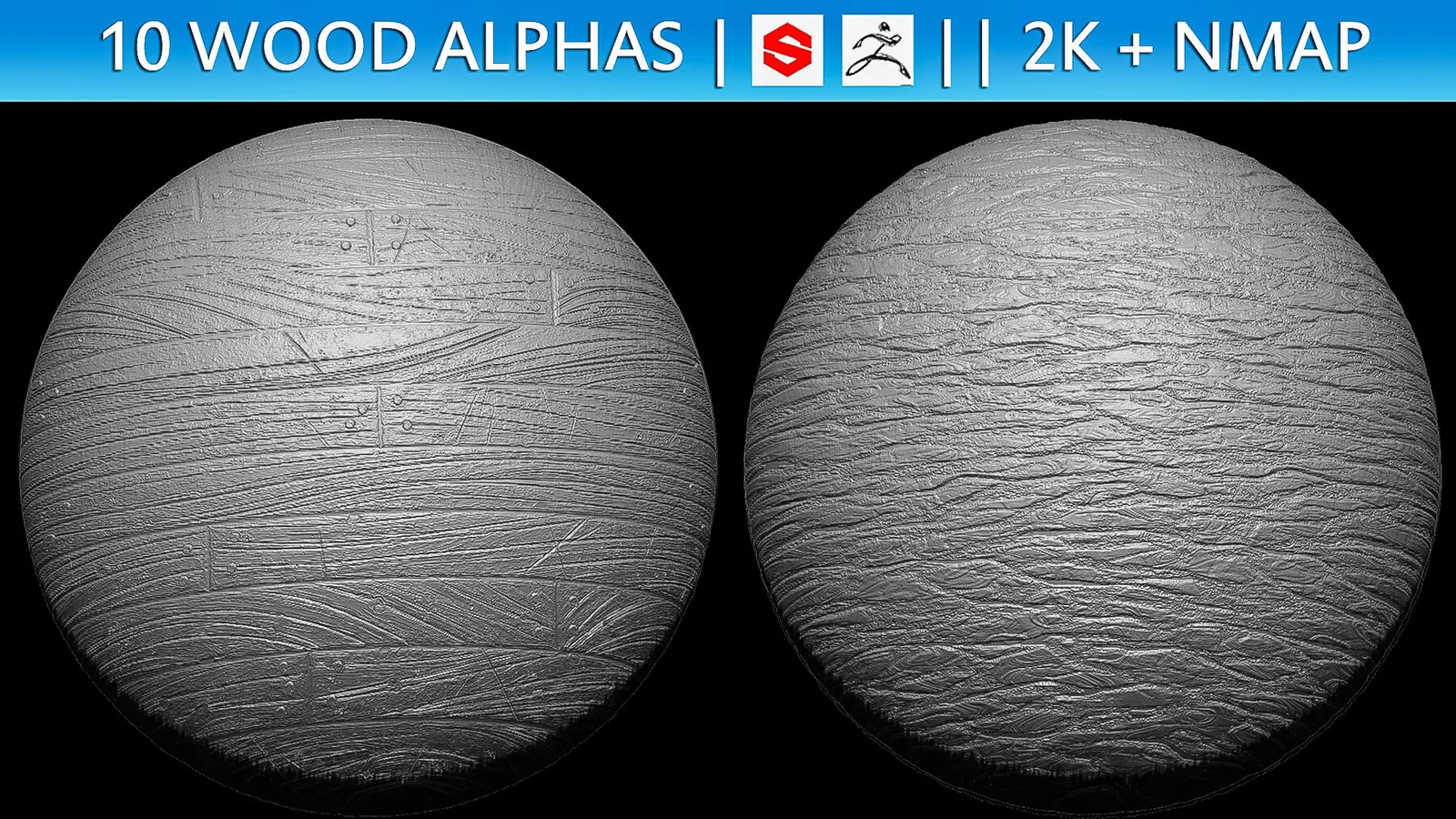 10 Wood Alphas Vol.1 (ZBrush, Substance, 2K + Normal map) preview 3