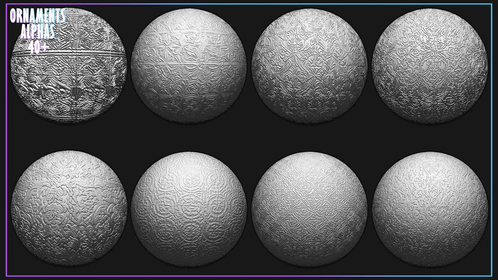 Ornaments Tileable Alphas (Displacement Maps) for ZBrush, Blender, Substance Painter vol.5 preview 2