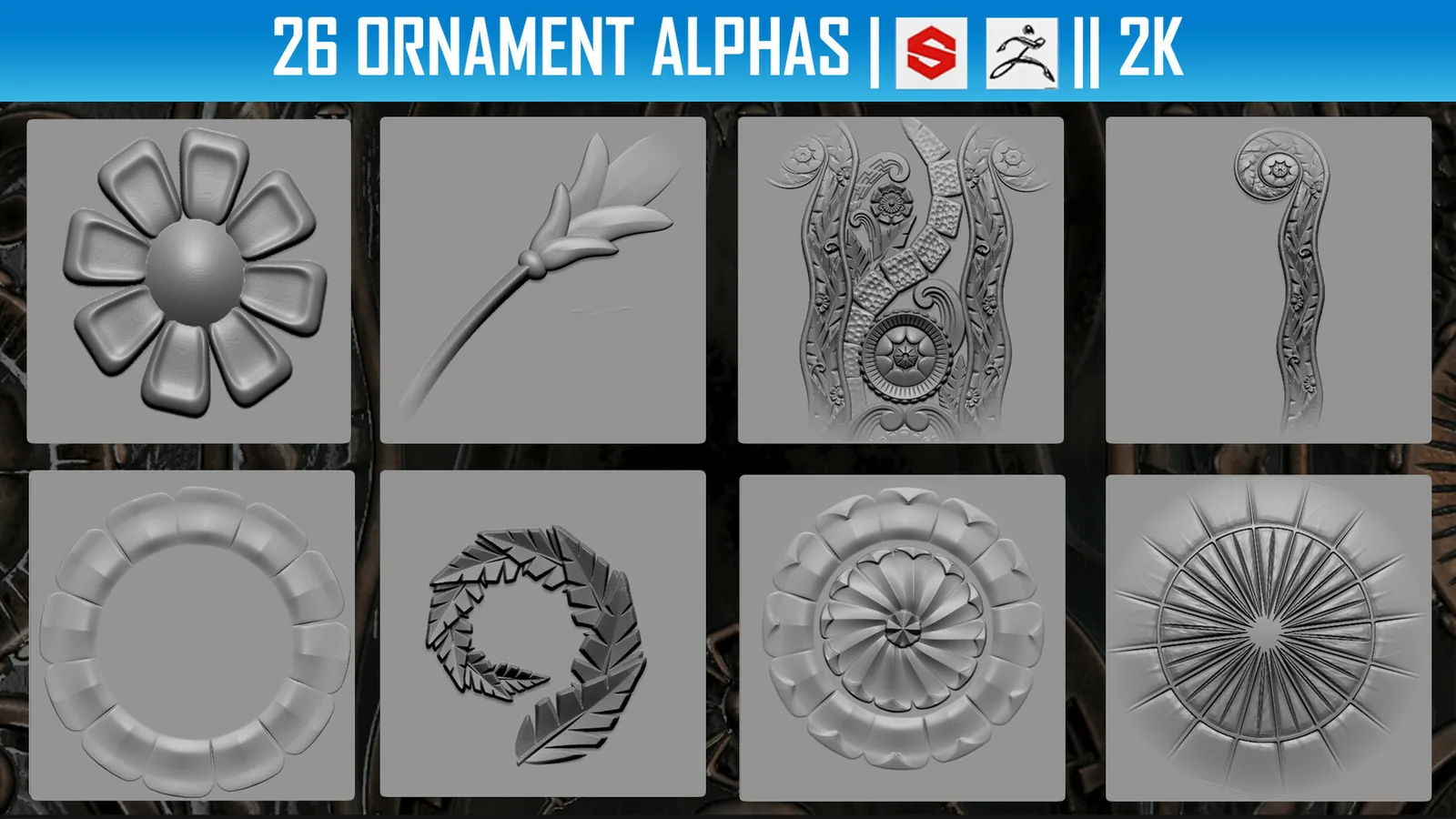 26 Ornament Alphas (ZBRush, Substance, 2K) preview 2