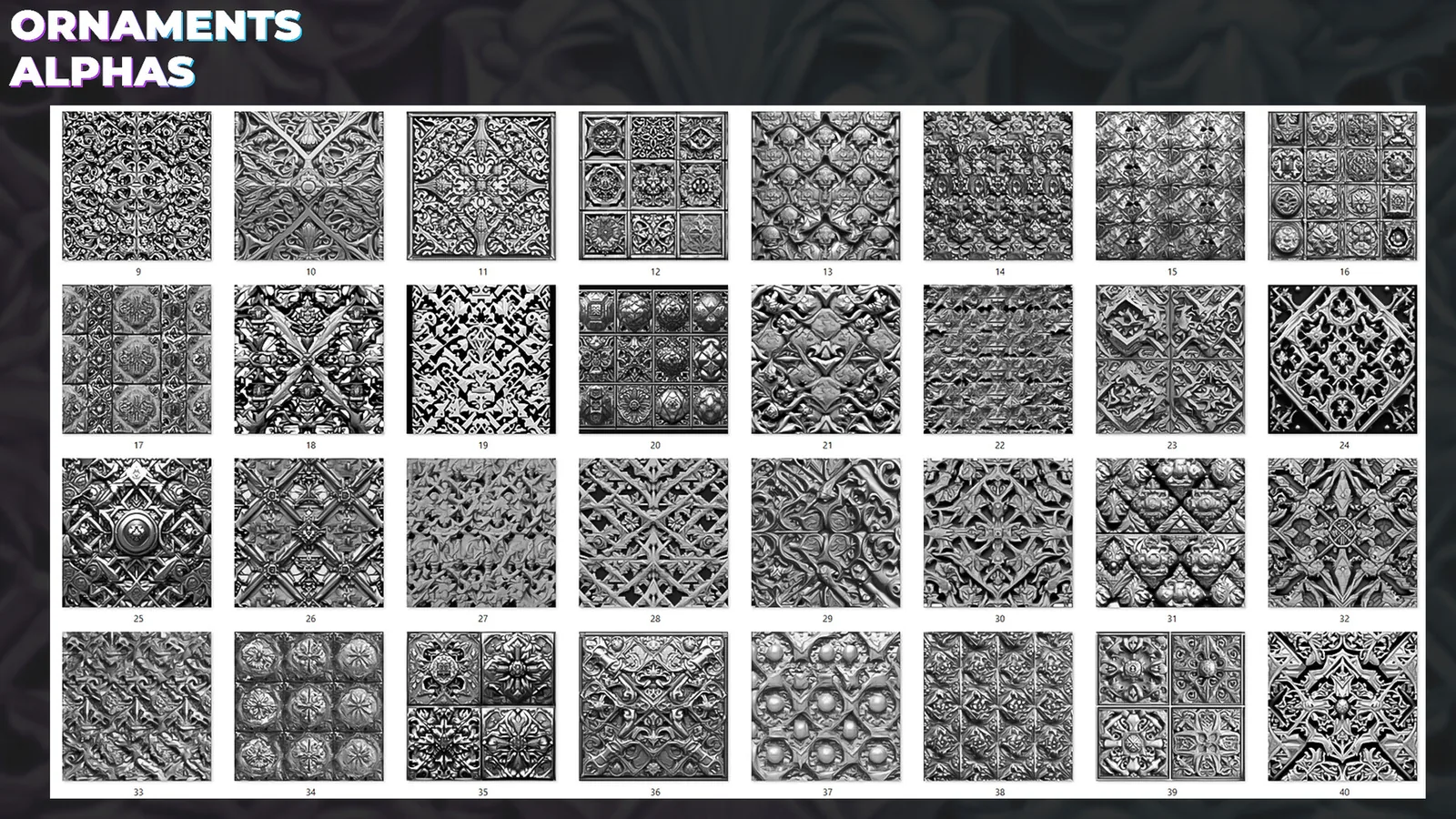 500+ Ornaments Tileable Alphas (Displacement Maps) for ZBrush, Blender, Substance Painter vol.6 preview 3