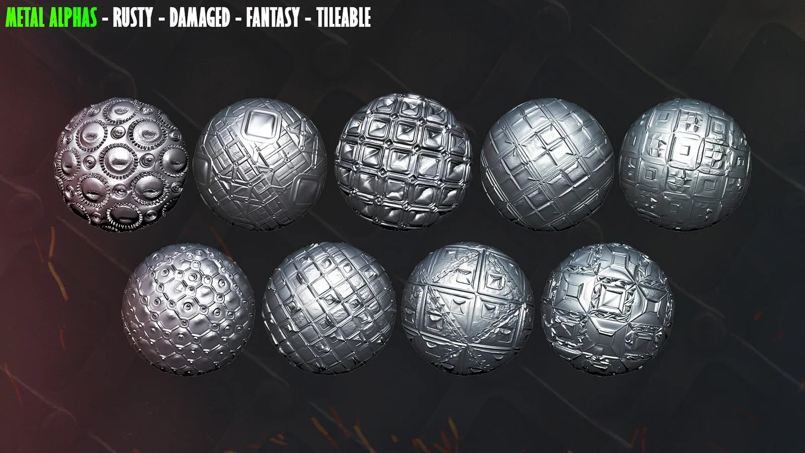 60+ Metal Alphas. Rusty Metal. Damaged Metal. Fantasy Metal. ZBrush. Blender. Tileable alphas. preview 3