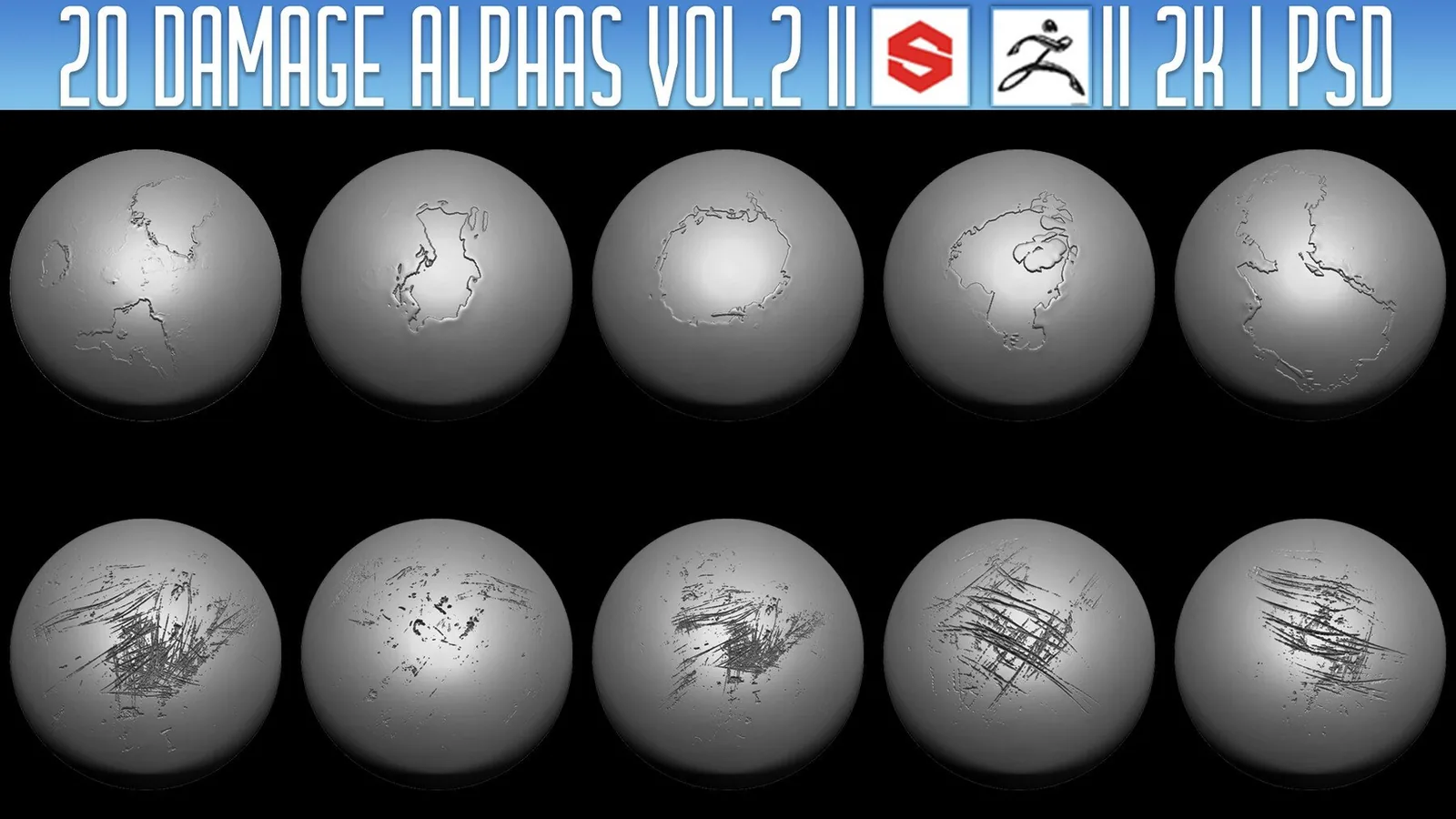 20 Damage Alphas Vol.2 (ZBrush, Substance, 2K, PSD)