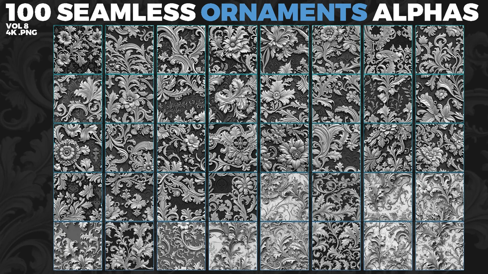 Ornamental Tileable Alphas (Displacement Maps) for ZBrush, Blender, Substance Painter vol. preview 2
