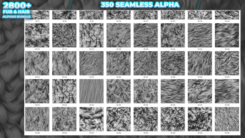 2800+ Fur & Hair Alphas (Displacement Maps) BUNDLE for Blender, ZBrush preview 3