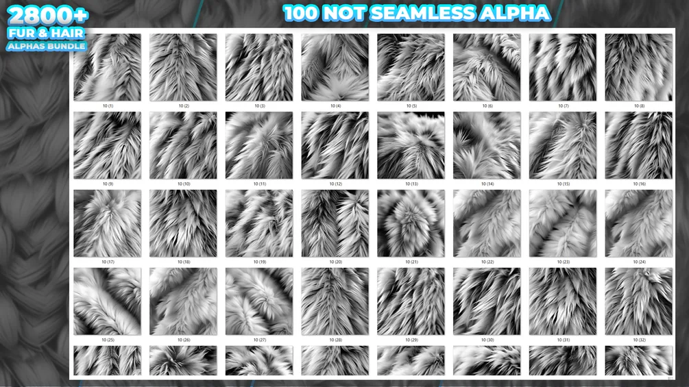 2800+ Fur & Hair Alphas (Displacement Maps) BUNDLE for Blender, ZBrush preview 7